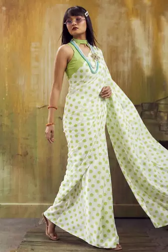 White & parrot color polka dots printed japan satin saree with unstitched blouse