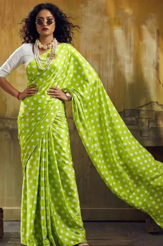 Parrot & white color polka dots printed japan satin saree with unstitched blouse