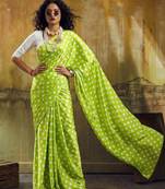 Parrot & white color polka dots printed japan satin saree with unstitched blouse