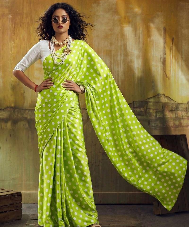 Parrot & white color polka dots printed japan satin saree with unstitched blouse