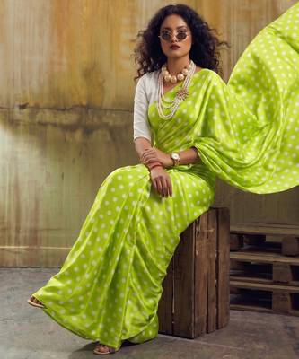 Parrot & white color polka dots printed japan satin saree with unstitched blouse 2
