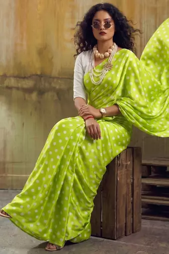 Parrot & white color polka dots printed japan satin saree with unstitched blouse
