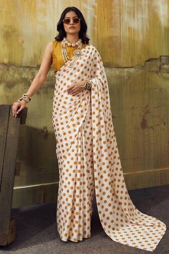 White & orange color polka dots printed japan satin saree with unstitched blouse