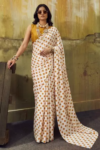 White & orange color polka dots printed japan satin saree with unstitched blouse