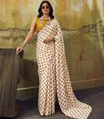 White & orange color polka dots printed japan satin saree with unstitched blouse