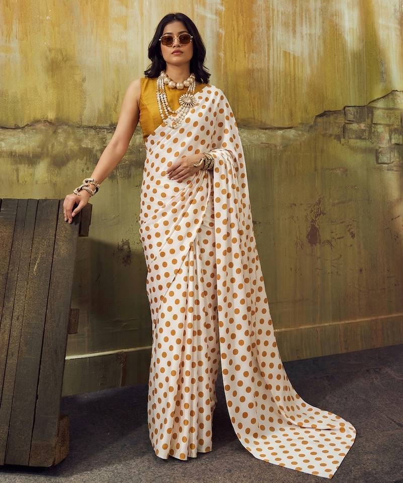 White & orange color polka dots printed japan satin saree with unstitched blouse