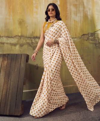 White & orange color polka dots printed japan satin saree with unstitched blouse 2