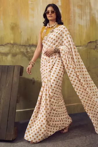 White & orange color polka dots printed japan satin saree with unstitched blouse
