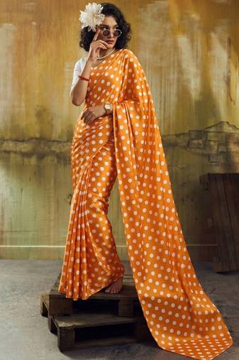 Orange & white color polka dots printed japan satin saree with unstitched blouse