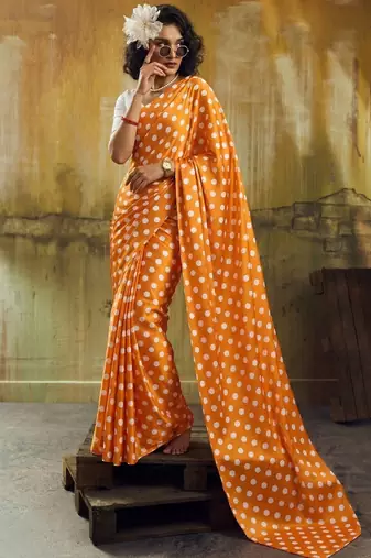 Orange & white color polka dots printed japan satin saree with unstitched blouse