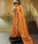 Orange & white color polka dots printed japan satin saree with unstitched blouse