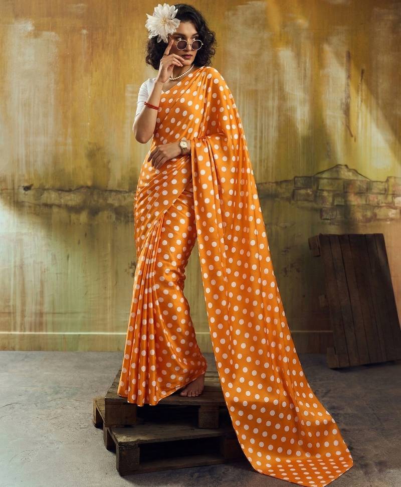 Orange & white color polka dots printed japan satin saree with unstitched blouse