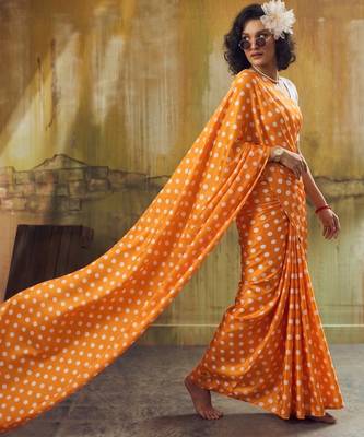 Orange & white color polka dots printed japan satin saree with unstitched blouse 2