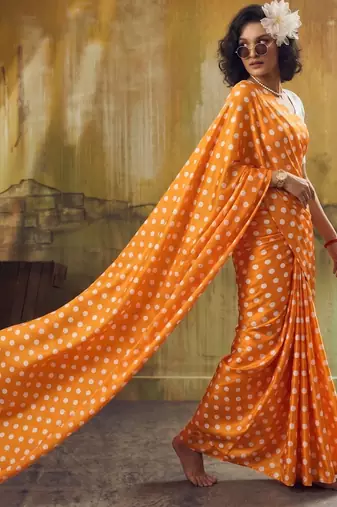 Orange & white color polka dots printed japan satin saree with unstitched blouse