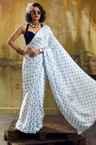 White & sky color polka dots printed japan satin saree with unstitched blouse
