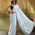 White & sky color polka dots printed japan satin saree with unstitched blouse