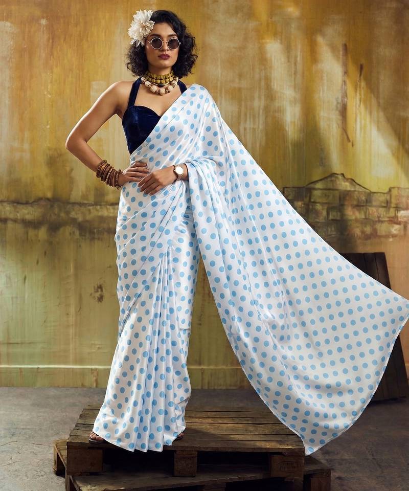 White & sky color polka dots printed japan satin saree with unstitched blouse