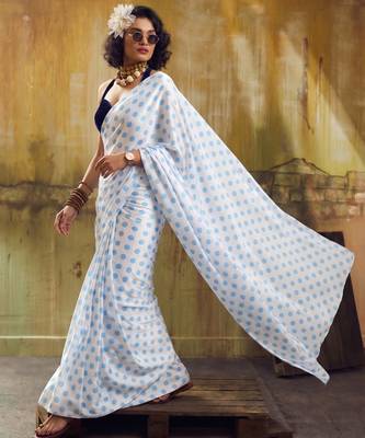 White & sky color polka dots printed japan satin saree with unstitched blouse 2