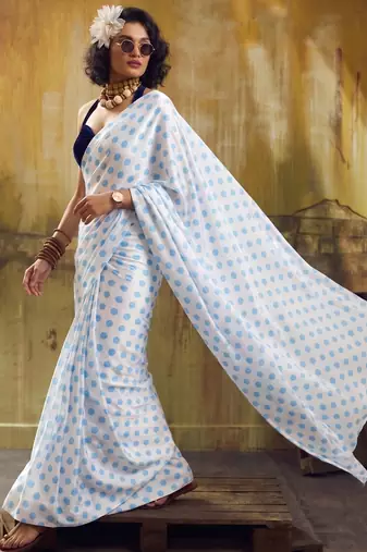 White & sky color polka dots printed japan satin saree with unstitched blouse
