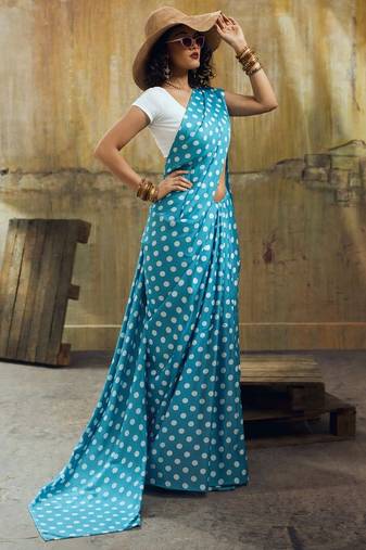 Rama & white color polka dots printed japan satin saree with unstitched blouse