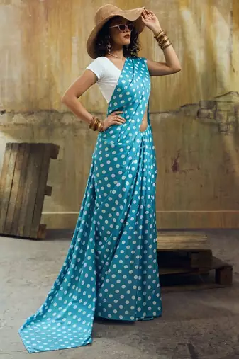 Rama & white color polka dots printed japan satin saree with unstitched blouse