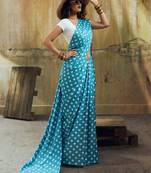 Rama & white color polka dots printed japan satin saree with unstitched blouse