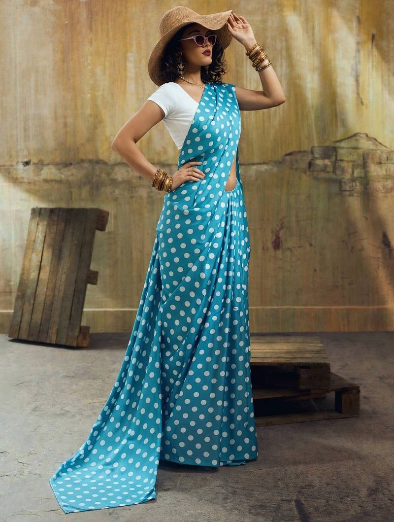 Rama & white color polka dots printed japan satin saree with unstitched blouse