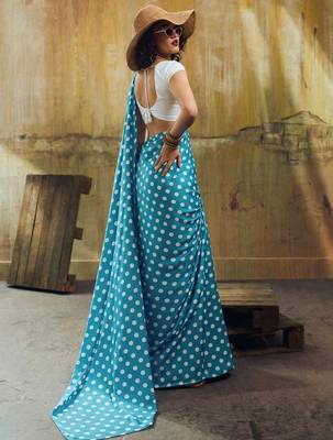 Rama & white color polka dots printed japan satin saree with unstitched blouse 2