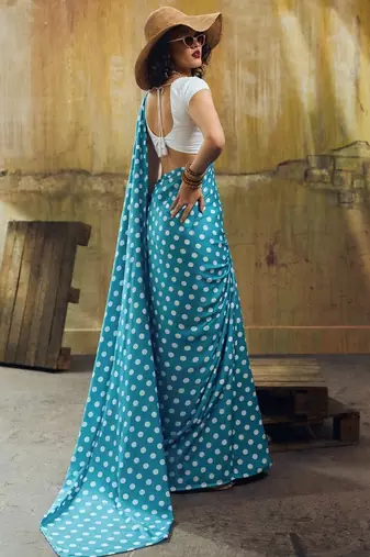 Rama & white color polka dots printed japan satin saree with unstitched blouse