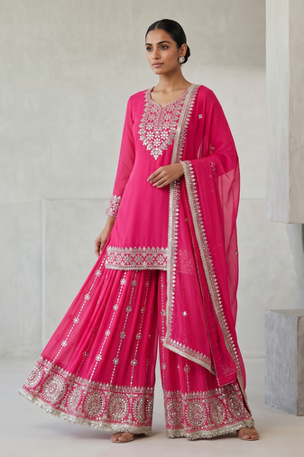 Elegant pink embroidered kurta sharara set with dupatta