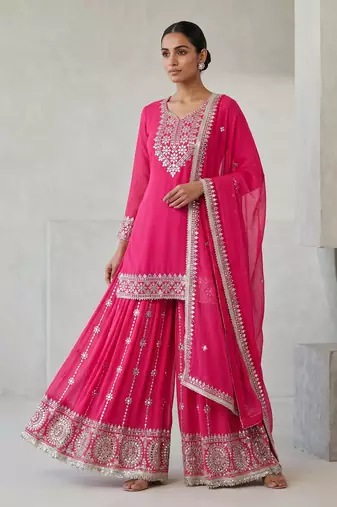 Elegant pink embroidered kurta sharara set with dupatta