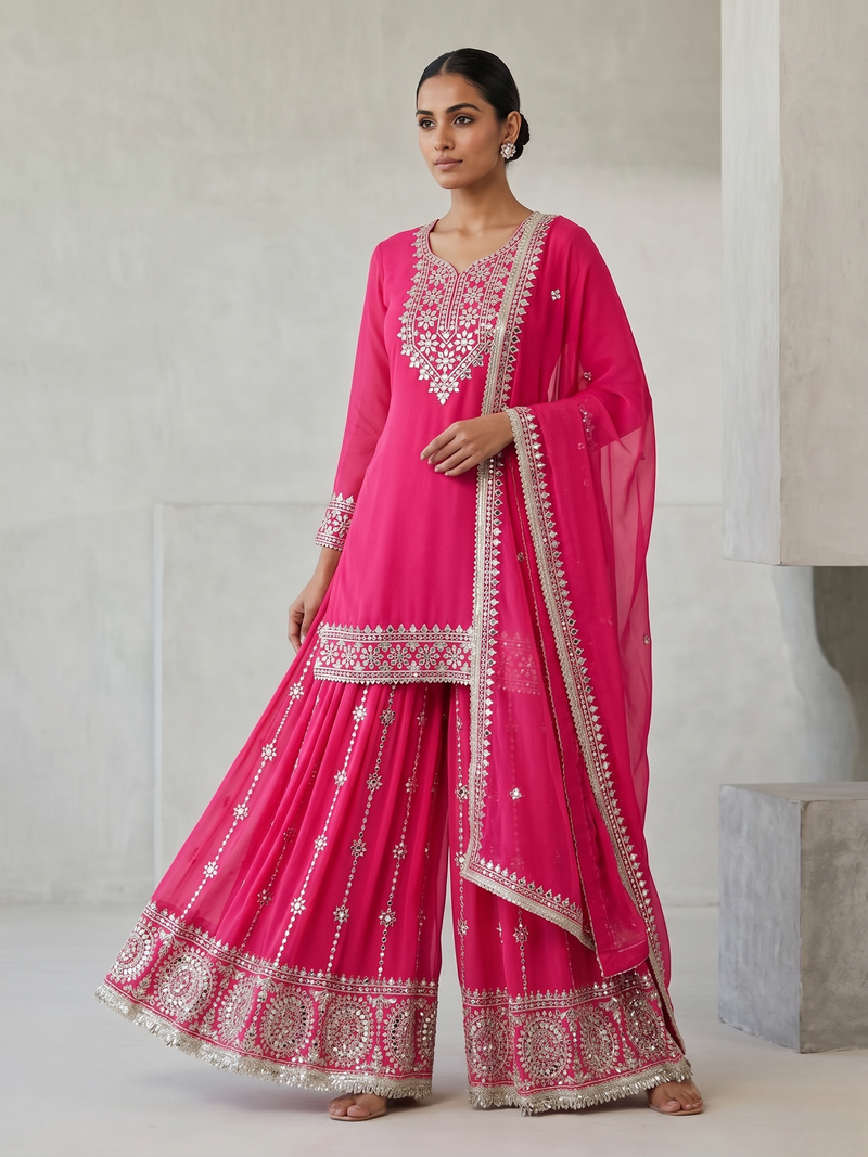 Elegant pink embroidered kurta sharara set with dupatta