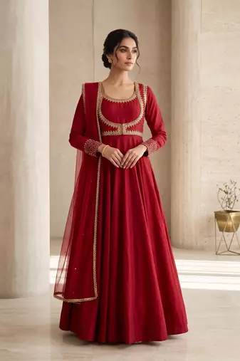 Classic red ethnic anarkali dress with heavy embroidery work