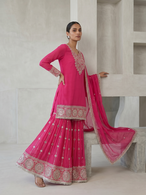 Elegant pink embroidered kurta sharara set with dupatta 2