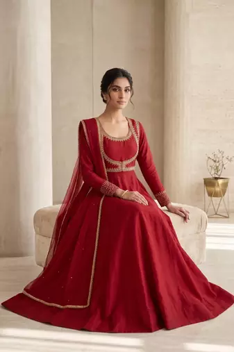 Classic red ethnic anarkali dress with heavy embroidery work