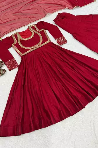 Classic red ethnic anarkali dress with heavy embroidery work