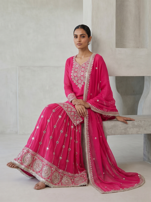 Elegant pink embroidered kurta sharara set with dupatta 3