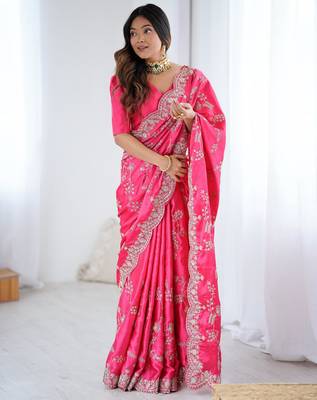 Pink japan satin silk blend codding sequence embroidered work saree 1