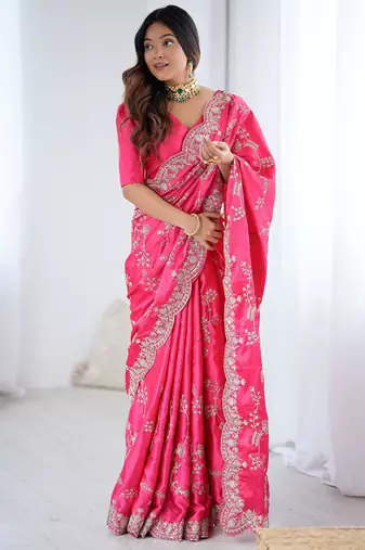 Pink color japan satin silk codding sequence embroidered work saree