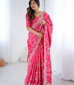 Pink color japan satin silk codding sequence embroidered work saree