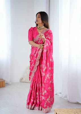 Pink japan satin silk blend codding sequence embroidered work saree 2
