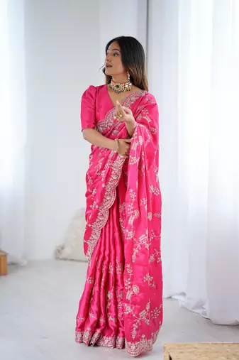 Pink color japan satin silk blend codding sequence embroidered work saree