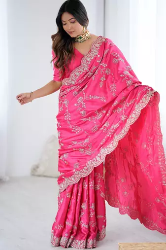 Pink color japan satin silk blend codding sequence embroidered work saree