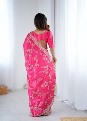 Pink japan satin silk blend codding sequence embroidered work saree 4