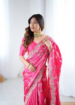 Pink japan satin silk blend codding sequence embroidered work saree 5