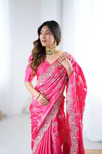 Pink color japan satin silk blend codding sequence embroidered work saree