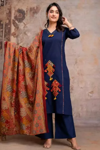 Straight cotton printed embroiderd kurta pant and dupatta set