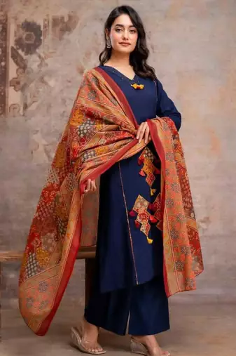 Straight cotton printed embroiderd kurta pant and dupatta set