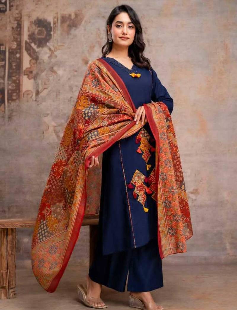 Straight cotton printed embroiderd kurta pant and dupatta set