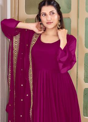 Woman's pink festival long gown with embroidery sequnce work 2